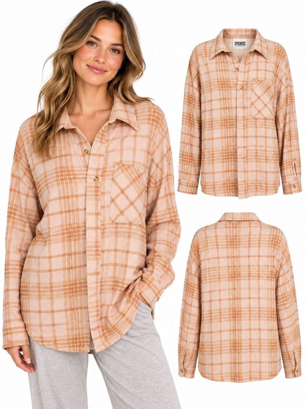 Victoria’s Secret PINK Women’s Oversized Plaid Button Down Shirt Beige Tan Size